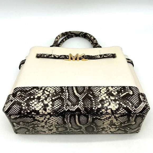 Michael Kors Large Reed Leather Belted Satchel Crossbody Bag Cream Snakeskin - Picture 6 of 12